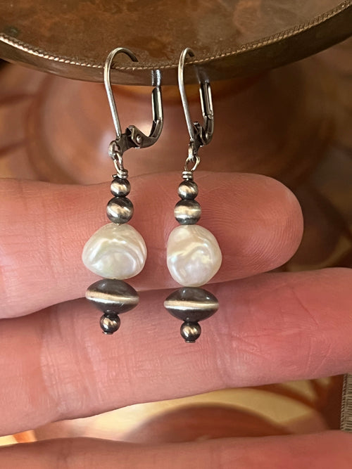 Navajo Made Summer Lovin’ Sterling Silver and Freshwater Pearl Bead Drop Earrings, Leverback