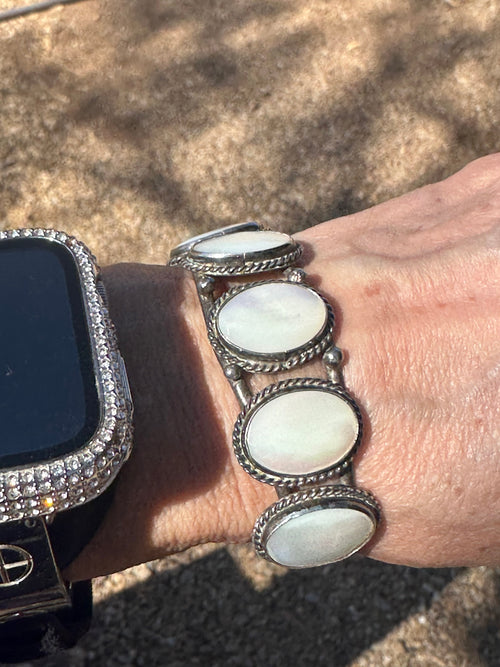 Old Pawn Sterling Silver & Mother of Pearl Cuff Bracelet /