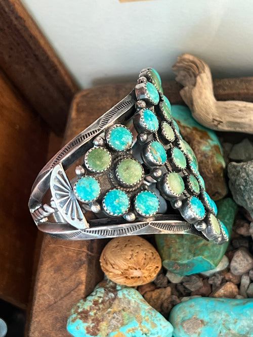 Handcrafted Vintage Sterling Silver and Fox Turquoise Cluster Cuff /