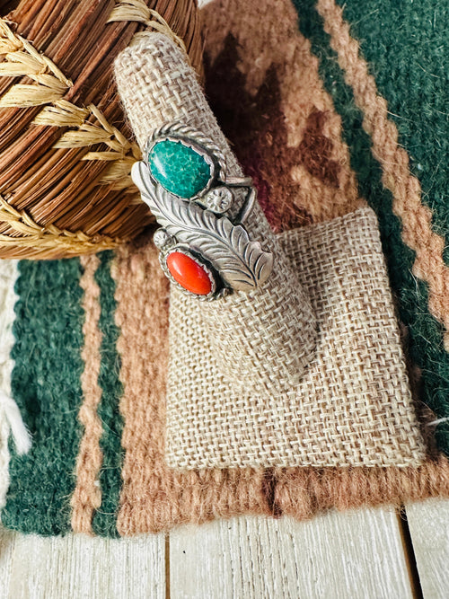 Old Pawn Handcrafted Turquoise, Coral & Sterling Silver Ring Size 6