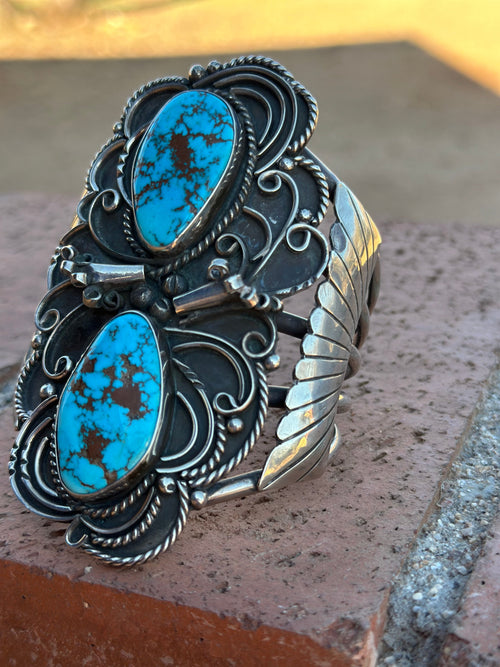 Estate Collection Old Pawn Sterling Silver & Turquoise Cuff Bracelet /