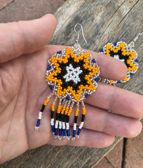 Handmade MultiColor Beaded Dangle Earrings (Yellow, Black, & White)