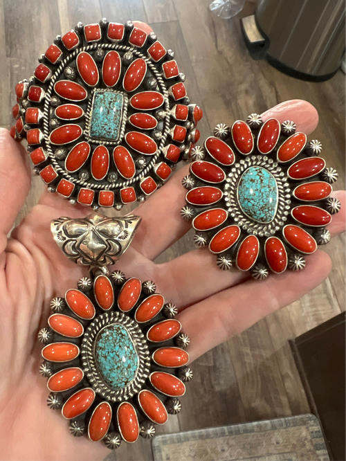 Navajo Sterling Silver, Mediterranean Coral and Spiderweb Turquoise Pendant by Tyler Brown