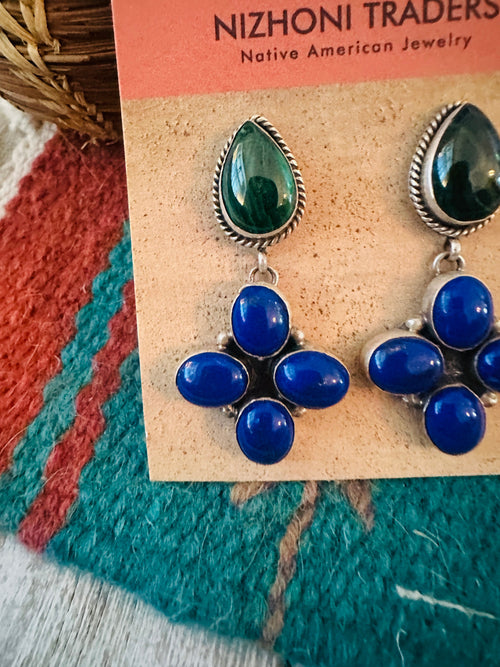 Old Pawn Navajo Sterling Silver, Lapis & Malachite Dangle Earrings