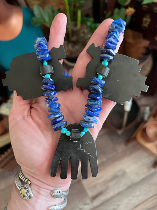 Handcrafted Multi Stone Inlay Healing Hand and Storm Cloud Necklace & Earrings by Warren Nieto
