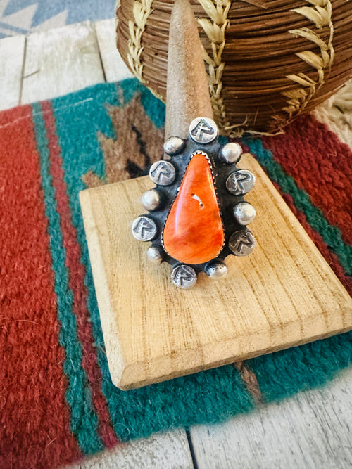 Old Pawn Navajo Sterling Silver & Orange Spiny Ring Size 8.5
