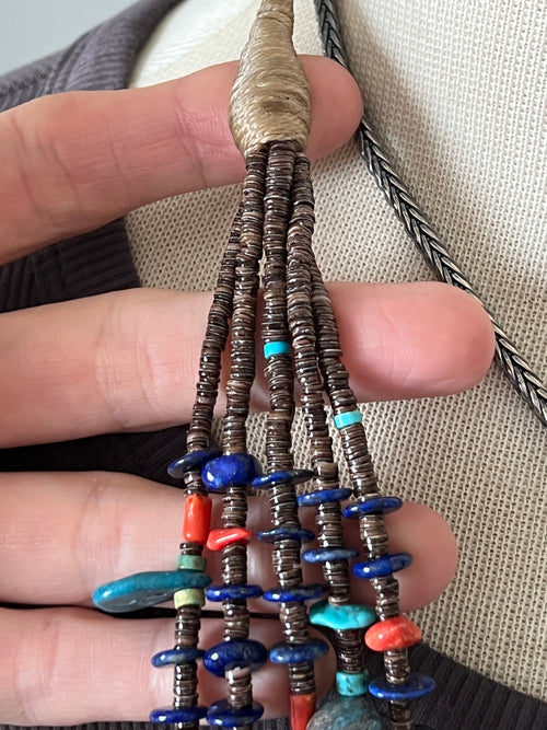 Gorgeous Santo Domingo Made Five Strand Lapis, Spiny Oyster and Turquoise Beaded Squaw Wrap Necklace with Tabs by Daniel Coriz