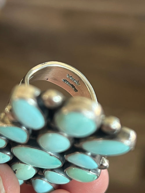 Old Pawn Navajo Sterling Silver and Dry Creek Turquoise Cluster Ring by Verdy Jake, Adjustable