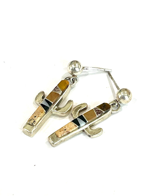 Old Pawn Sterling Silver & Multi Stone Cactus Post Dangle Earrings