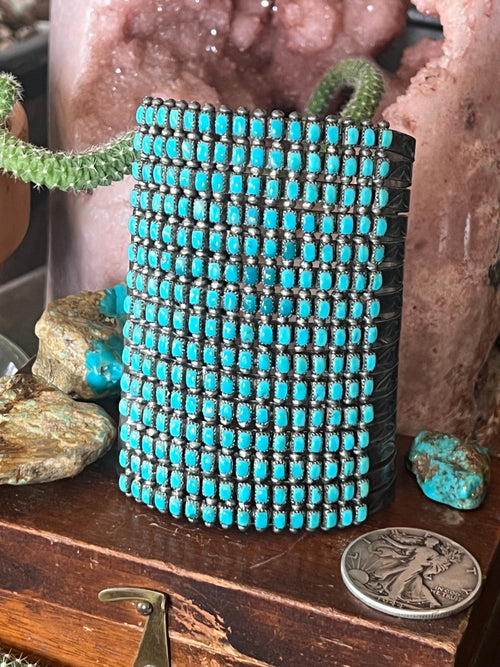 Handcrafted Stunning Old Pawn 15 Row Sterling Silver & Turquoise Gauntlet Style Cuff Bracelet by Clark Couyancy /