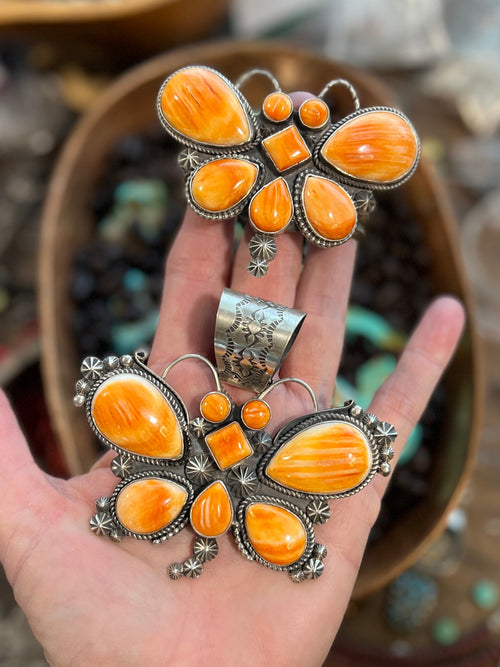 Apache Sterling Silver and Orange Spiny Oyster Shell Butterfly Pendant by Rosella Paxson