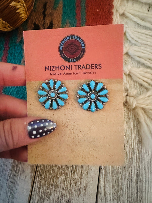 Handcrafted Old Pawn Sterling Silver & Turquoise Cluster Post Earrings