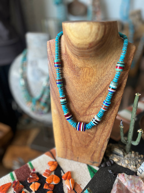 Ronald Chavez Handcrafted Turquoise Heishi Beaded Santo Domingo Necklace with Layered Barrel Bead Accents