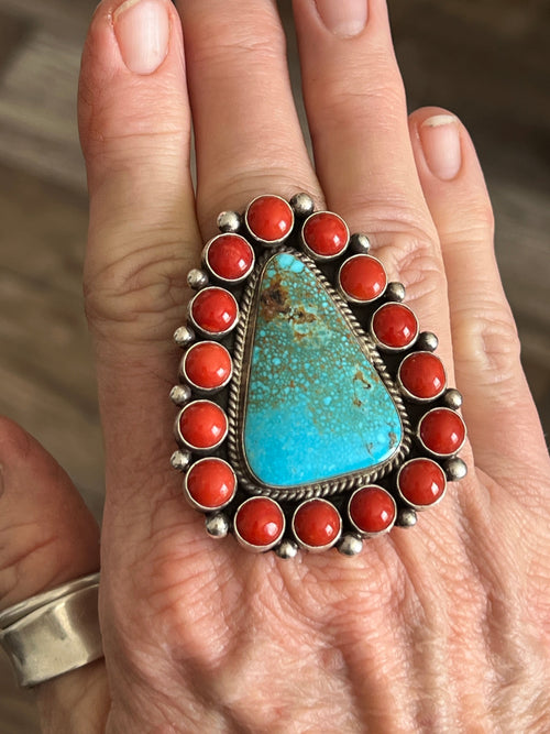 Handcrafted Sterling Silver, Kingman Turquoise and Mediterranean Coral Cluster Ring By Tyler Brown, Adjustable