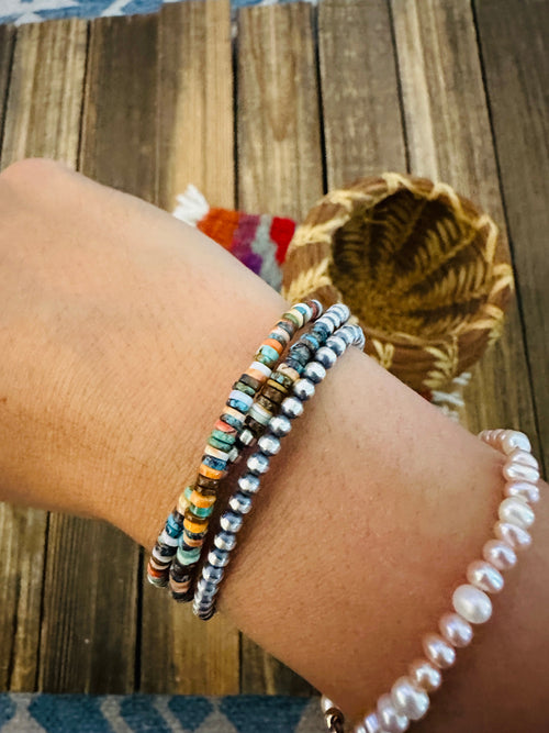 Handcrafted Turquoise, Spiny & Sterling Silver Pearl Triple-Strand Beaded Bracelet