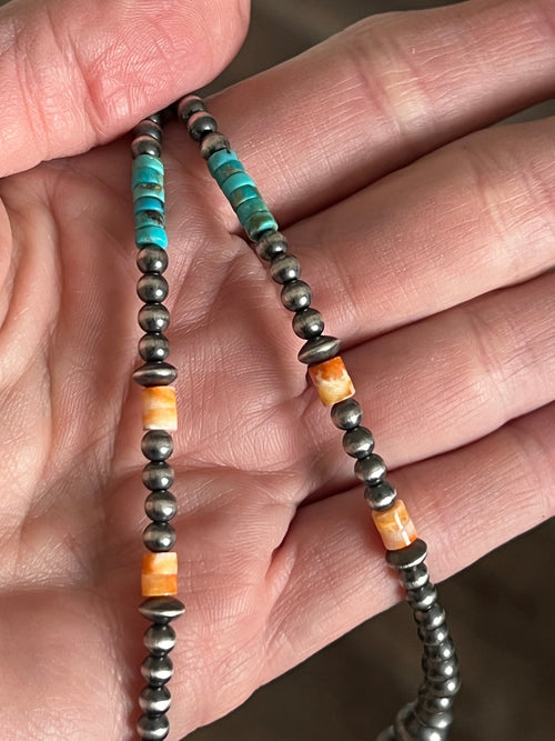 Summer Lovin’ Beaded Layering Necklace with Sterling Silver, Spiny Oyster Shell and Turquoise, 16” + 2”, The Flower Child