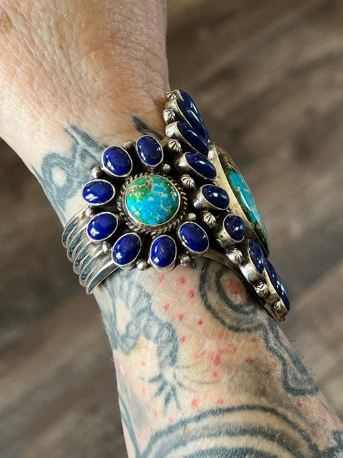 Sterling Silver, Sonoran Mountain Turquoise and Lapis Lazuli Cluster Cuff Bracelet by Tyler Brown /