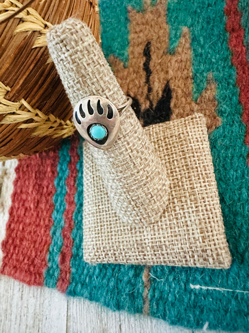 Old Pawn Navajo Sterling Silver & Turquoise Bear Paw Ring
