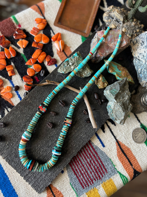 Ronald Chavez Handcrafted Turquoise Heishi Beaded Santo Domingo Necklace with Layered Bead Accents