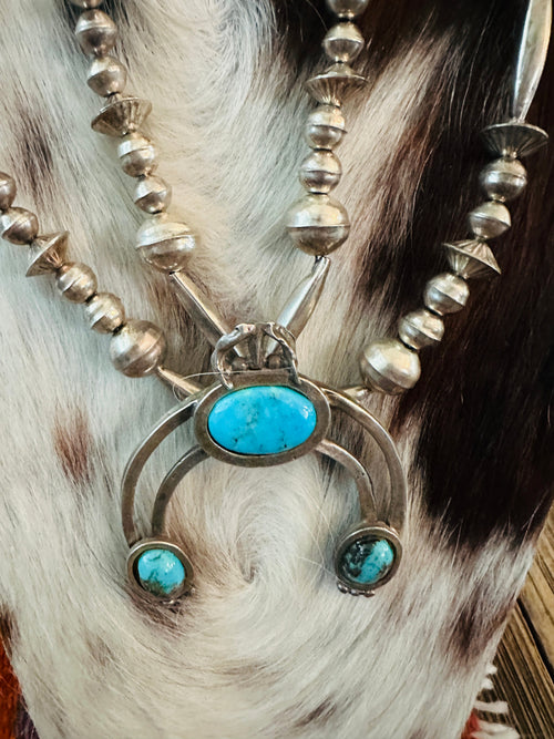 Old Pawn Handcrafted Turquoise & Sterling Silver Beaded Naja Necklace