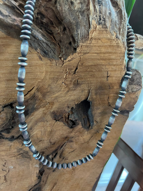 Old Pawn Sterling Silver Navajo Saucer and Corrugated Bead Necklace, 24 inches