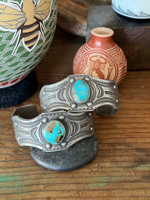 Hand Forged Old Pawn Sterling Silver & Turquoise Ingot Cuff Bracelets by Santa Fe Artist, Buffalo: The Twins