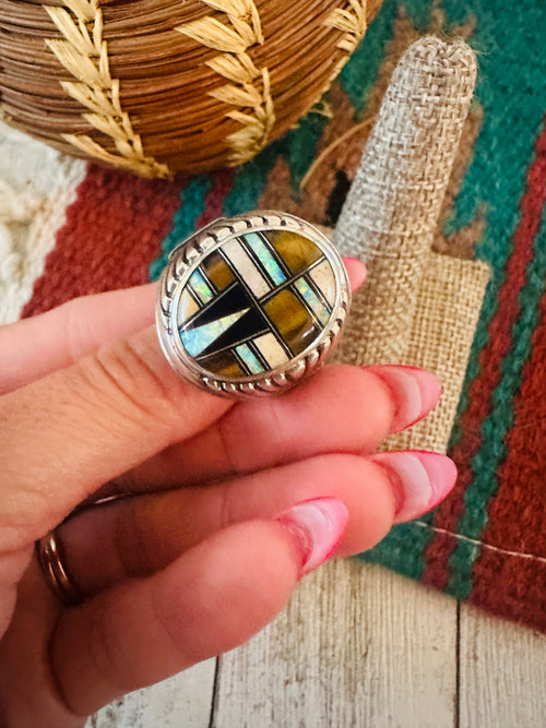 Old Pawn Navajo Sterling Silver & Multi Stone Inlay Ring Size 11.5
