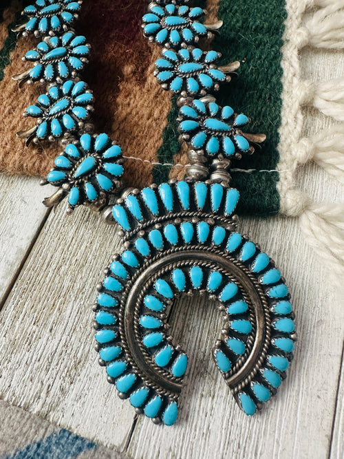 Vintage Old Pawn Navajo Turquoise & Sterling Silver Beaded Squash Blossom Necklace