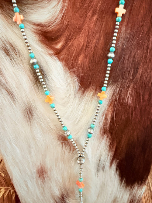 Handcrafted Turquoise, Spiny Oyster & Sterling Silver Pearl 20” Beaded Lariat Necklace