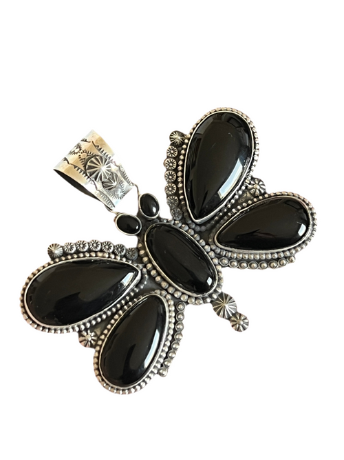 Apache Sterling Silver and Black Onyx Butterfly Pendant by Rosella Paxson