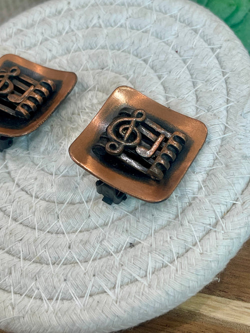 Vintage Handmade Copper Clip On Music Note Earrings