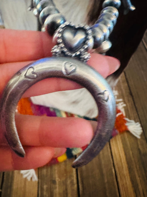 Handcrafted Sterling Silver Heart Squash Blossom Necklace