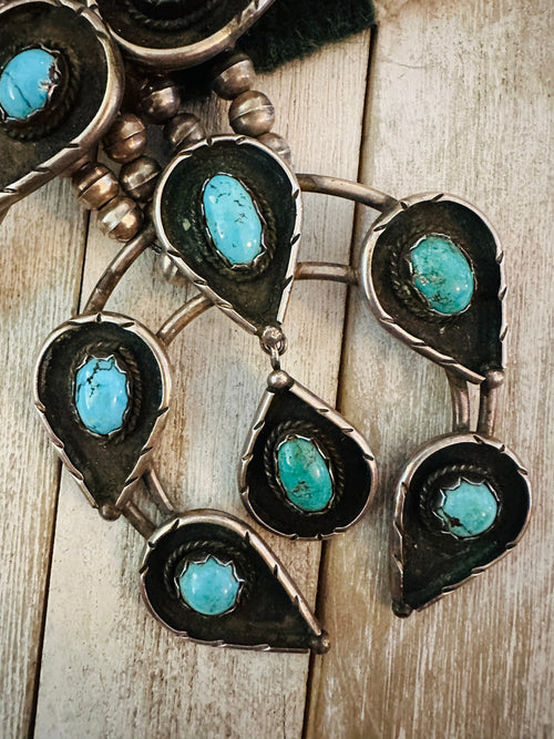 Vintage Old Pawn Turquoise & Sterling Silver Beaded Squash Blossom Necklace