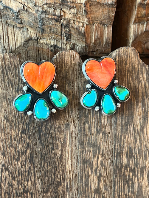 Vibrant Handcrafted Sterling Silver, Sonoran Turquoise and Spiny Oyster Shell Heart Cluster Post Earrings by Lucy Jake