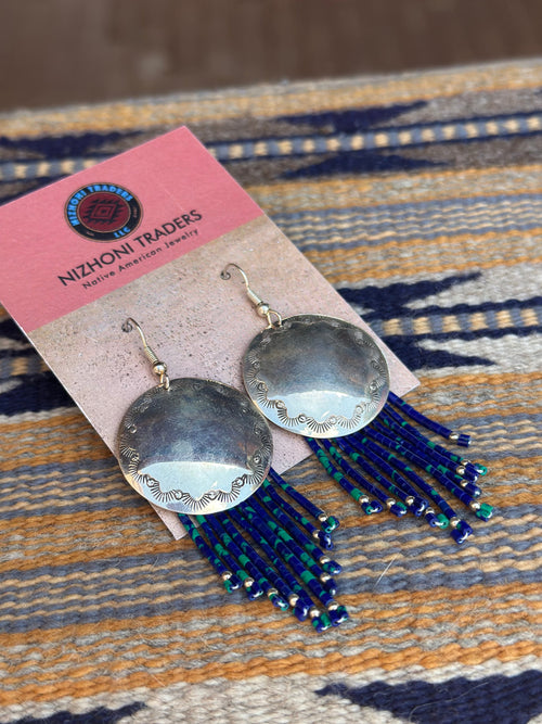 Old Pawn Sterling Silver Azurite Beaded Tassel Earrings