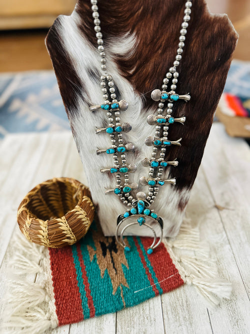 Old Pawn Handcrafted Turquoise & Sterling Silver Squash Blossom Necklace