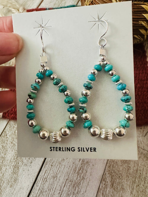 Navajo Turquoise & Sterling Silver Pearl Beaded Hoop Earrings