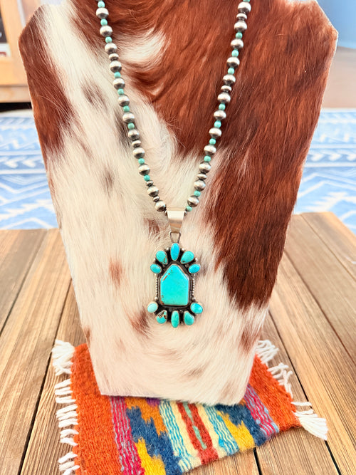 Handcrafted Turquoise & Sterling Silver Cluster Beaded Necklace by Sheila Becenti