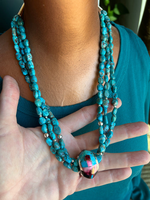 Daniel Coriz Triple Strand Turquoise and Sterling Beaded Necklace w/ Removable Sterling Silver & Stone Inlay Bead
