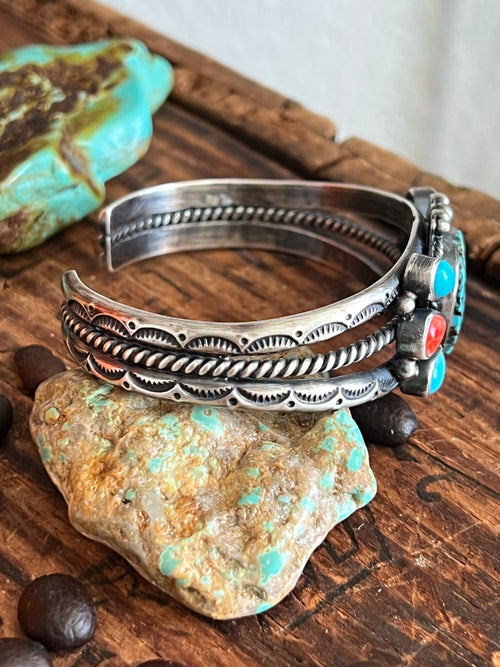 Handcrafted Split Sterling Silver, Sonoran Turquoise & Spiny Oyster Heart Cuff Bracelet by Diane Wylie