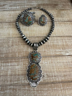 Charles Johnson Navajo Ribbon Turquoise & Sterling Silver Necklace, Bracelet and Ring Set Signed