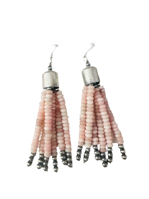 Navajo Queen Pink Conch & Sterling Silver Pearl Beaded Tassel Dangle Earrings