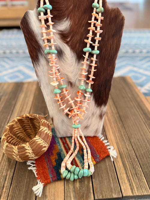 Old Pawn Handcrafted Turquoise & Spiny Oyster Heishi Beaded 28” Jacla Necklace