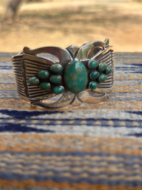 Handcrafted Old Pawn Rick Martinez Turquoise Cluster and Sterling Silver Cuff /
