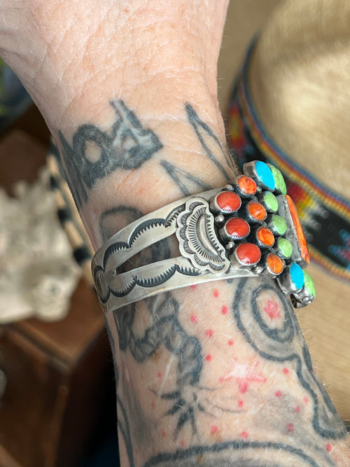 Old Pawn Don Lucas Split Stamped Sterling Silver and Multi Stone Cluster Cuff