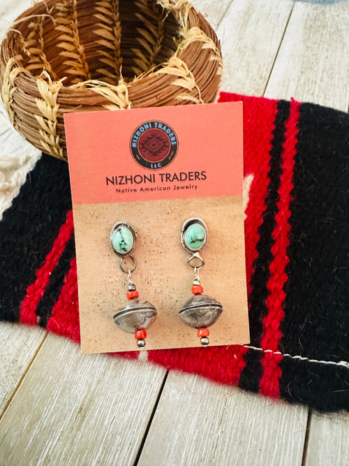 Handcrafted Turquoise, Coral & Sterling Silver Beaded Dangle Earrings