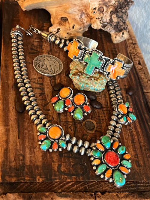 Navajo Made Sterling Silver Electric Rainbow Beaded Cluster Necklace & Earrings Set by Angela Martin