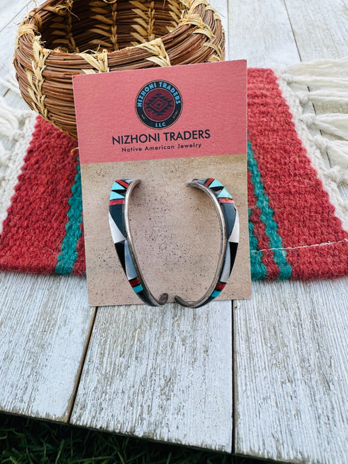 Handcrafted Old Pawn Sterling Silver & Multi Stone Inlay Hoop Earrings