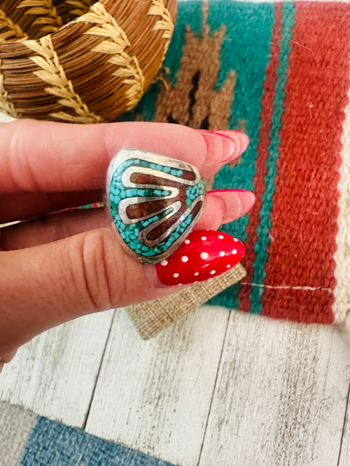 Old Pawn Navajo Sterling Silver, Turquoise & Coral Chip Inlay Ring Size 10
