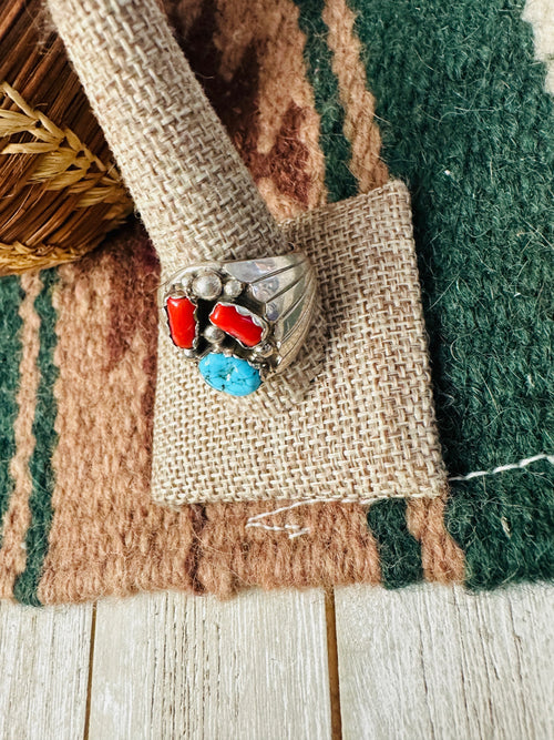 Old Pawn Handcrafted Turquoise, Coral & Sterling Silver Ring Size 12